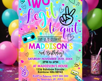 Two Legit to Quit Invitation: Tie Dye 2nd Birthday, Editable (Digital Download)