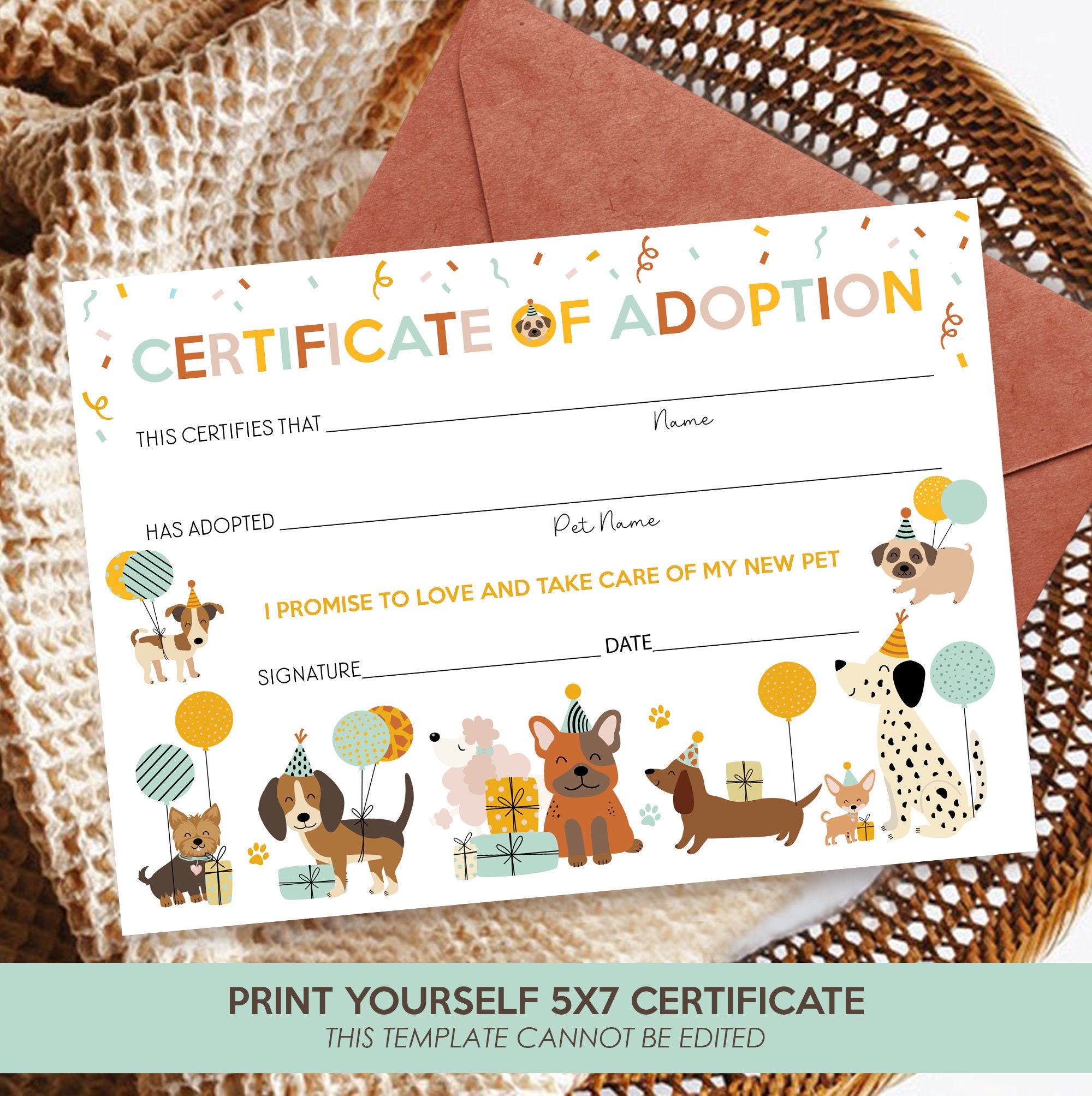 Dog Adoption Certificate: Lets Pawty Puppy Printable Certificate ...