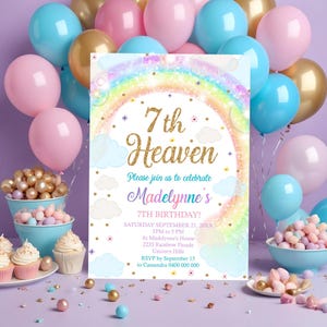 RAINBOW 7th Heaven INVITATION Editable Rainbow Clouds 7th Birthday Invitation Corjl 7th Birthday Invitations Rainbow and Clouds Invitation