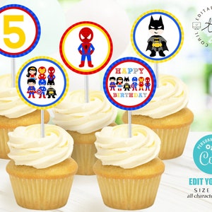 SUPERHERO Cupcake Toppers Instant download Superhero Cupcake Toppers Superhero Cupcake Toppers Editable Superhero Cupcake Toppers Decor