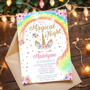 RAINBOW UNICORN Sleepover Invitation Magical Night Rainbow Unicorn Invitation Instant Download Unicorn Slumber Party Invitation Corjl 0210