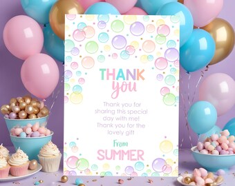 Bubbles Thank You Note: Editable Girl Birthday Card (Digital Download)