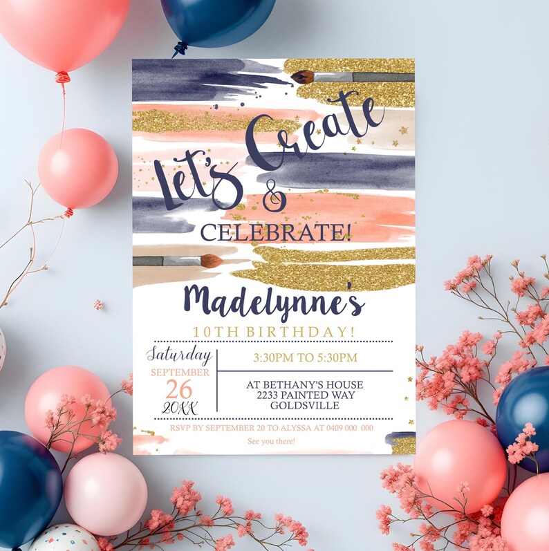 Puede incluir: Una invitaci&oacute;n a una fiesta de cumplea&ntilde;os con un fondo de acuarela en tonos rosa, azul y dorado. La invitaci&oacute;n dice "Let's Create & Celebrate! Madelynne's 10th Birthday!" con la fecha y la hora de la fiesta. La invitaci&oacute;n tambi&eacute;n incluye la direcci&oacute;n y la informaci&oacute;n de RSVP.