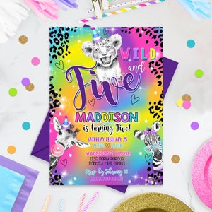 Wild and Five Party Animals Birthday Invitation Girl 5th Birthday Invitations Editable Safari Animals Birthday Invitation Rainbow Cheetah