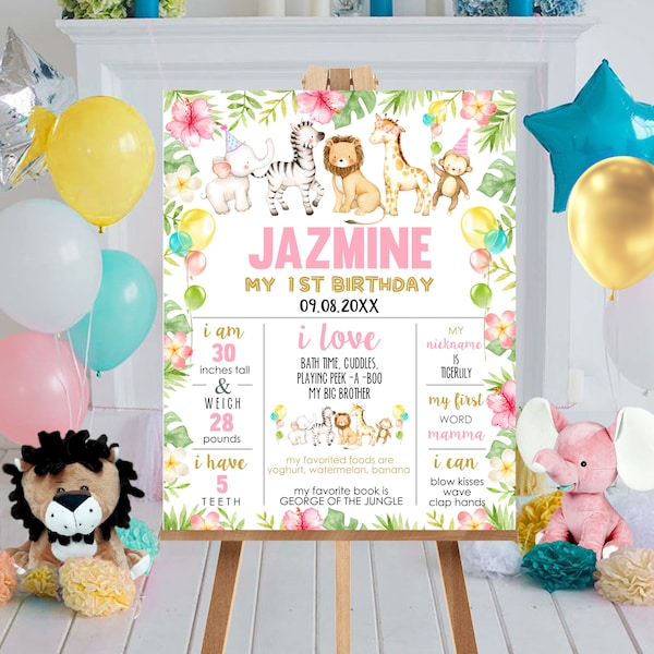 JUNGLE ANIMALS Birthday Decorations Girl Editable Jungle Milestone Birthday Poster Printable Girl Jungle Animals Chalkboard Milestone Poster