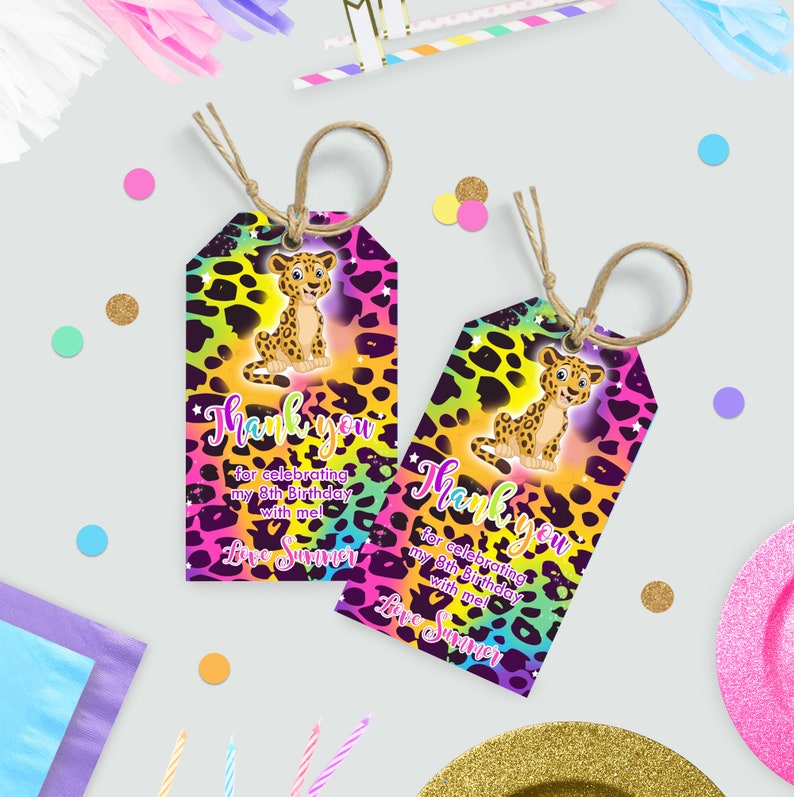 Rainbow CHEETAH FAVOR tag Editable Cheetah Favor Tags Printable Leopard Print Favor Tags Rainbow Leopard Gift tags Cheetah Thank you Tags image 2