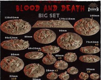 May include: A set of 10 resin bases for tabletop gaming, featuring a blood and death theme. The bases range in size from 25mm to 170mm and are perfect for wargaming or miniature painting.