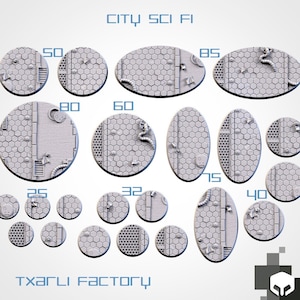 Könnte beinhalten: Ein Set aus 10 runden und ovalen Plastiksockeln für Miniaturen, mit futuristischem Stadt-Thema. Die Sockel sind in verschiedenen Größen von 25 mm bis 85 mm. Die Sockel sind grau und haben ein sechseckiges Muster mit Details wie Rohren, Drähten und Gittern.