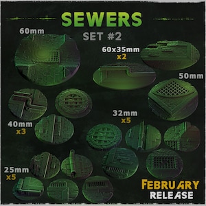 May include: A set of 20 sewer themed miniature bases for tabletop gaming. The set includes 60mm, 50mm, 40mm, 32mm, and 25mm bases in various designs. The bases are made of a dark green resin with a textured surface.