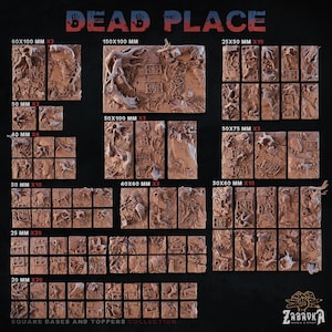 Könnte beinhalten: Eine Sammlung von quadratischen Basen und Toppern für Tabletop-Spiele. Die Basen und Topper sind aus hellbraunem Material gefertigt und weisen eine Vielzahl von Texturen auf, darunter Wurzeln, Ranken und Stein. Die Basen und Topper sind in verschiedenen Größen erhältlich, von 20 mm bis 150 mm.