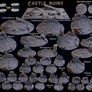 May include: A collection of 3D printed castle ruins, bases, and building elements for tabletop gaming. The set includes various sizes of ruined bases, walls, and other details, as well as a war statue and barricades. The set is made of gray plastic and is designed to be used with miniature figures.