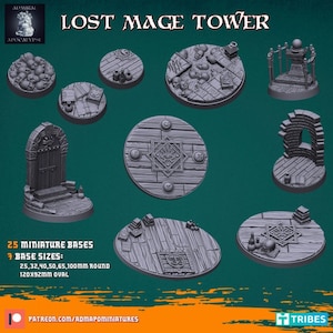 May include: A set of 25 miniature bases for tabletop gaming, featuring a variety of designs inspired by a lost mage tower. The bases come in 7 sizes, ranging from 25mm to 100mm round and 120x92mm oval. The bases are made of a gray, textured material and feature intricate details.
