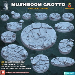 May include: A set of 25 miniature bases for tabletop gaming, featuring a mushroom grotto theme. The bases are made of a light grey plastic and come in 11 different sizes, ranging from 25mm to 120mm. The bases are designed to be used with miniature figures and are perfect for creating a unique and immersive gaming experience.