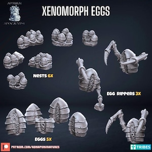 May include: A selection of grey Xenomorph eggs and Egg Rippers. The image shows nests, eggs, and Egg Rippers, with text indicating the quantity of each. The Admiral Apocalypse logo is in the upper left corner.