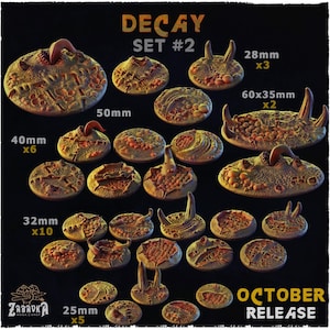 May include: A set of 28mm, 32mm, 40mm, 50mm, and 60x35mm round plastic bases with a decaying, textured surface. The bases are designed for tabletop gaming and feature various shapes and sizes. The set includes a total of 26 bases.