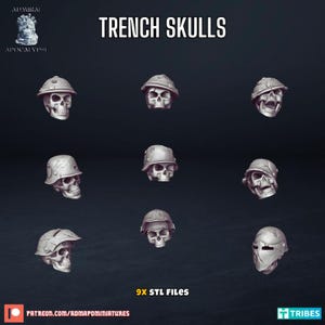 May include: Nine 3D printed skull models wearing different styles of military helmets. The models are white and are arranged in a grid pattern on a dark gray background. The text "TRENCH SKULLS" is at the top of the image. The text "9X STL FILES" is at the bottom of the image.
