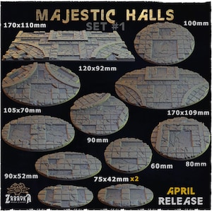 Puede incluir: Una colección de bases y piezas de terreno de juego grises, con textura de piedra. El conjunto incluye varias formas y tamaños, como una pieza rectangular de 170x110mm y varias piezas ovaladas y circulares. El texto "MAJESTIC HALLS SET #1" está en la parte superior. "APRIL RELEASE" está en la parte inferior.