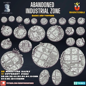 May include: A set of 25 miniature bases for tabletop gaming, featuring a variety of sizes from 25mm to 100mm. The bases are made of a gray resin and have a textured surface that resembles an abandoned industrial zone. The bases are magnetizable and can be used for a variety of miniature games.