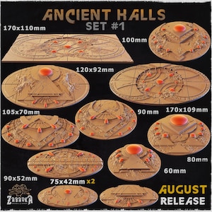 May include: A collection of beige, ancient-themed miniature bases with orange accents. The bases vary in size, with the largest measuring 170mm x 110mm. The text "ANCIENT HALLS SET #1" and "AUGUST RELEASE" are visible.