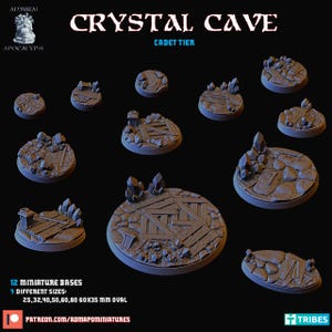 May include: A collection of 12 miniature bases in various sizes, featuring a "Crystal Cave" theme. The bases are circular and oval, with detailed terrain including rocks, wooden planks, and crystal formations. The text "CRYSTAL CAVE" and "CADET TIER" are visible.