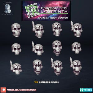 May include: Twelve detailed, gray, humanoid skulls with various markings and a single, raised, bony protrusion on the forehead. The skulls are arranged in three rows of four. The text "12X HUMANOID SKULLS" is at the bottom of the image.