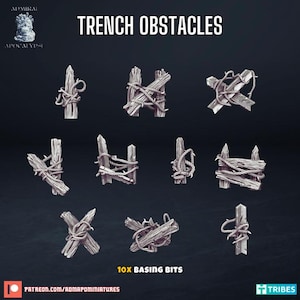 May include: Ten miniature trench obstacles made of resin, designed for tabletop wargaming. The obstacles are made of wood and barbed wire, and are designed to be used as terrain features on a battlefield.