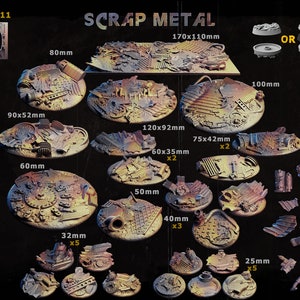 May include: A collection of miniature metal bases and bits for tabletop gaming. The set includes a variety of sizes and shapes, including round, square, and rectangular bases. There are also a variety of metal bits, such as gears, pipes, and other industrial elements. The set is perfect for adding a touch of realism to your miniature models.