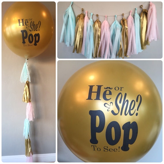 Gold Gender Reveal Balloon With Tassels And Garland He Or She Etsy Gold Gender Reveal Balloon With Tassels And Garland He Or She Etsy