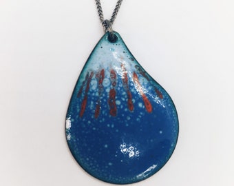 Enamelled Copper Drop pendant Blue and Orange - Gift for her , necklace, Birthday Gift