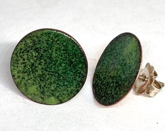 Handmade Green enamelled copper circle earring studs