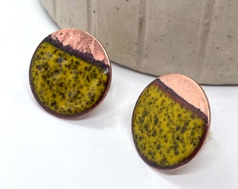 Handmade Yellow enamelled copper circle earring studs, Birthday Gift