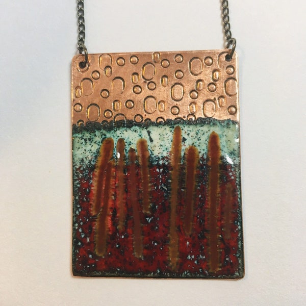 Enamelled Copper Pendant Necklace Rectangle, Christmas Gift, Gift for her 2020