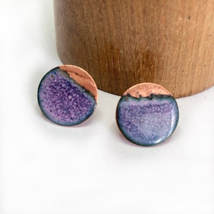 Handmade Pink enamelled copper circle earring studs, Birthday Gift for her