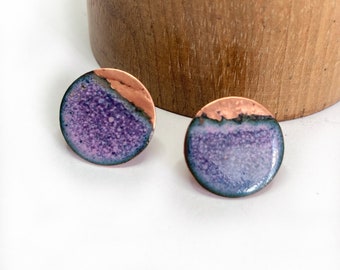 Handmade Pink enamelled copper circle earring studs, Birthday Gift for her