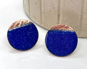 Stud Earrings Enamelled Copper, Blue, birthday gift idea, large stud earrings