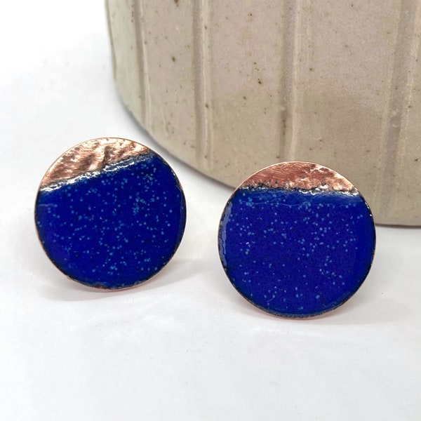 Stud Earrings Enamelled Copper, Blue, birthday gift idea, large stud earrings
