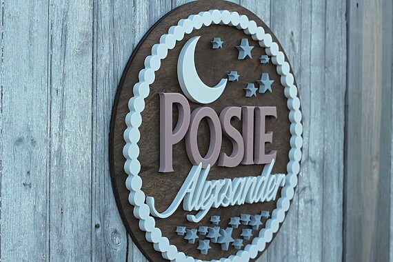 Moon And Stars Wooden Name Sign Star Wooden Circle Name Sign Etsy
