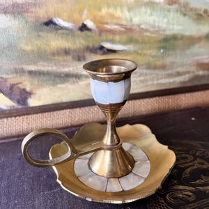 Vintage Brass Chamber Style Finger Loop Candlestick Holder with Mother of Pearl Inlay