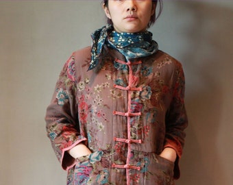 100% soft cotton yarn blouse Chinese vintage design ethnic floral print  the Orient color palette