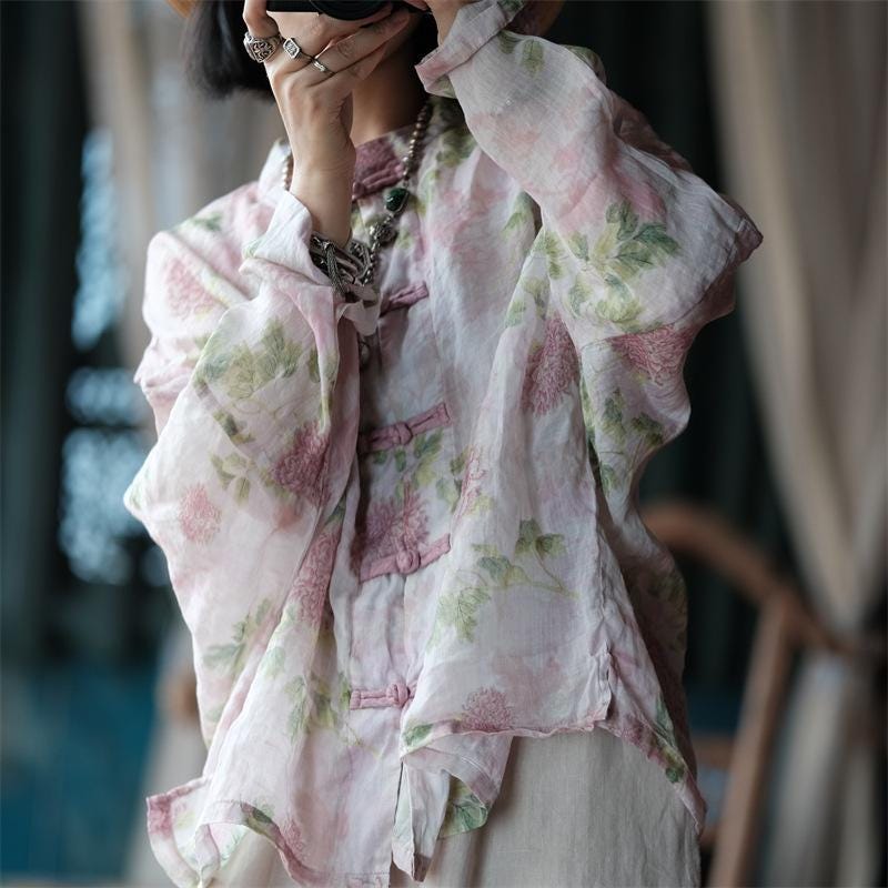 Handcrafted Ramie Floral Tunic Chinese Ethnic Loose Fit Top With ...