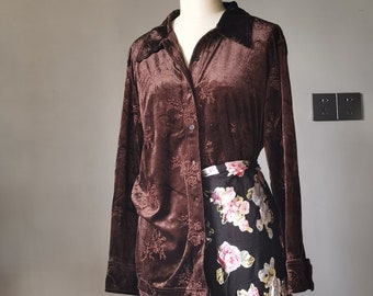 Dark brown silk velvet embroidery blouse stretch vintage Baroque element