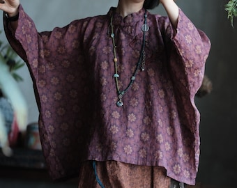 Plum Floral Linen Frog Button Blouse, Oriental Mandarin Collar Loose Top