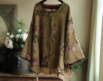 Olive Vintage Floral Raw Fransen Saum Lose Top