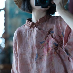 Pink Floral Ramie Blouse, Frog Button Chinese Style Linen Top, Loose Boho Shirt image 9