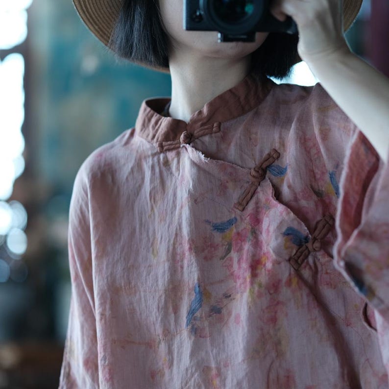 Pink Floral Ramie Blouse, Frog Button Chinese Style Linen Top, Loose Boho Shirt image 9