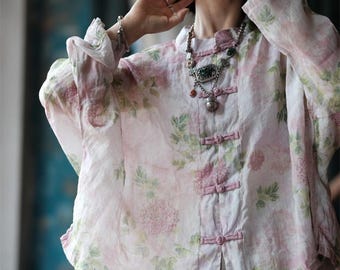 Handgefertigte Ramie Blumen Tunika Chinesisches Ethnisches Loose Fit Top mit Traditionellen Knoten Knöpfen
