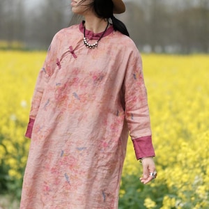 Pink Floral Linen Long Tunic Dress, Mandarin Collar Frog Button Oriental Coat