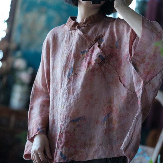 Pink Floral Ramie Blouse, Frog Button Chinese Style Linen Top, Loose Boho Shirt