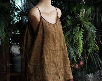 Linen Cami Tank Top, Contrast Burgundy Trim Loose Layering Camisole
