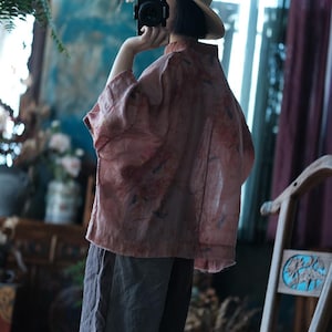 Pink Floral Ramie Blouse, Frog Button Chinese Style Linen Top, Loose Boho Shirt image 6